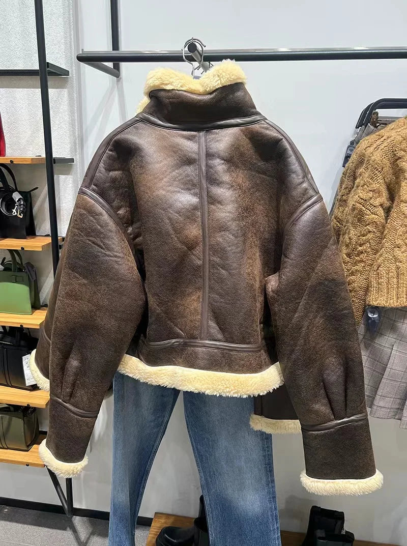 PU Leather Moto Jacket Faux Fur Short