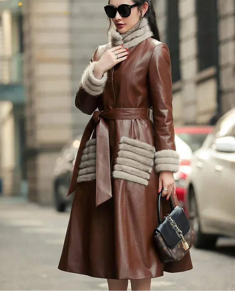 Genuine Leather Long Down Coats Real Mink Fur