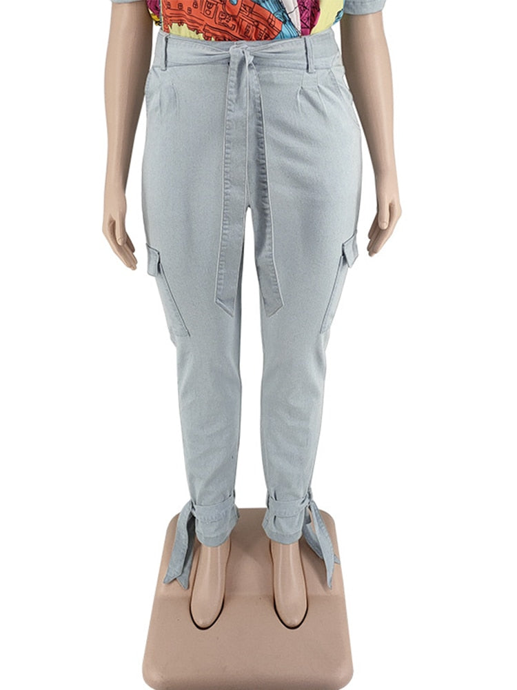 Puff Sleeve Denim Top & Jeans Sets Plus Size