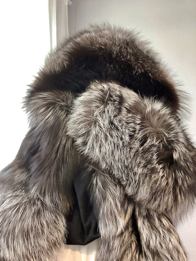 Luxury Dark Silver Real Fur Hooded Coat