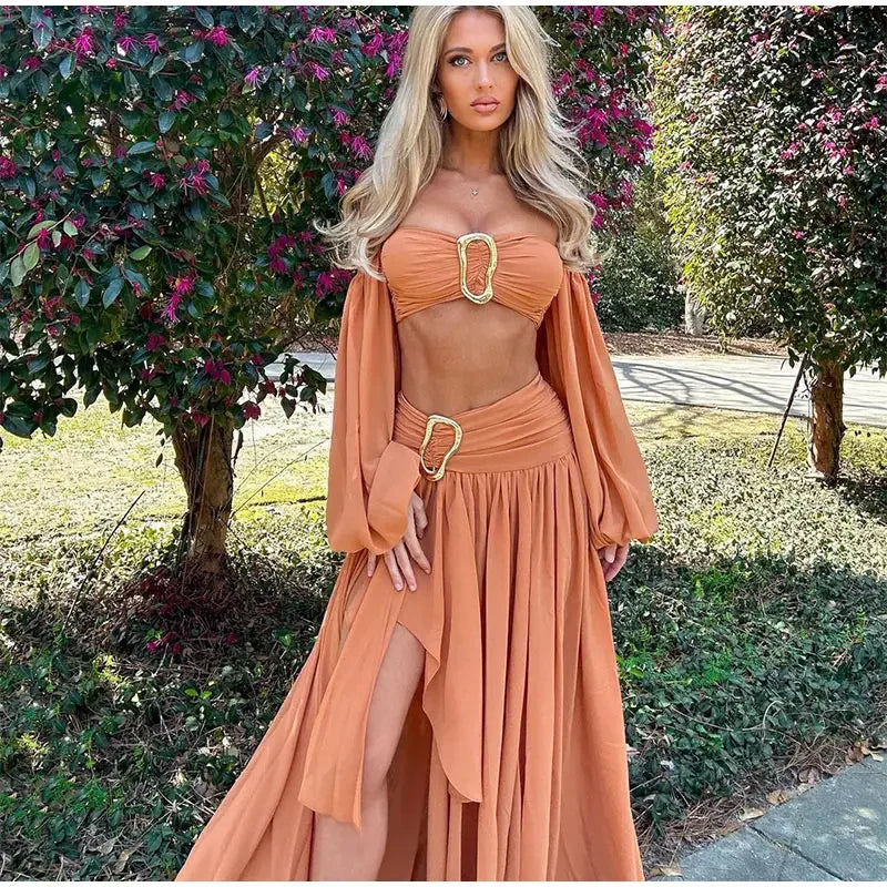 Off Shoulder Lantern Sleeve Hollow Maxi Dress