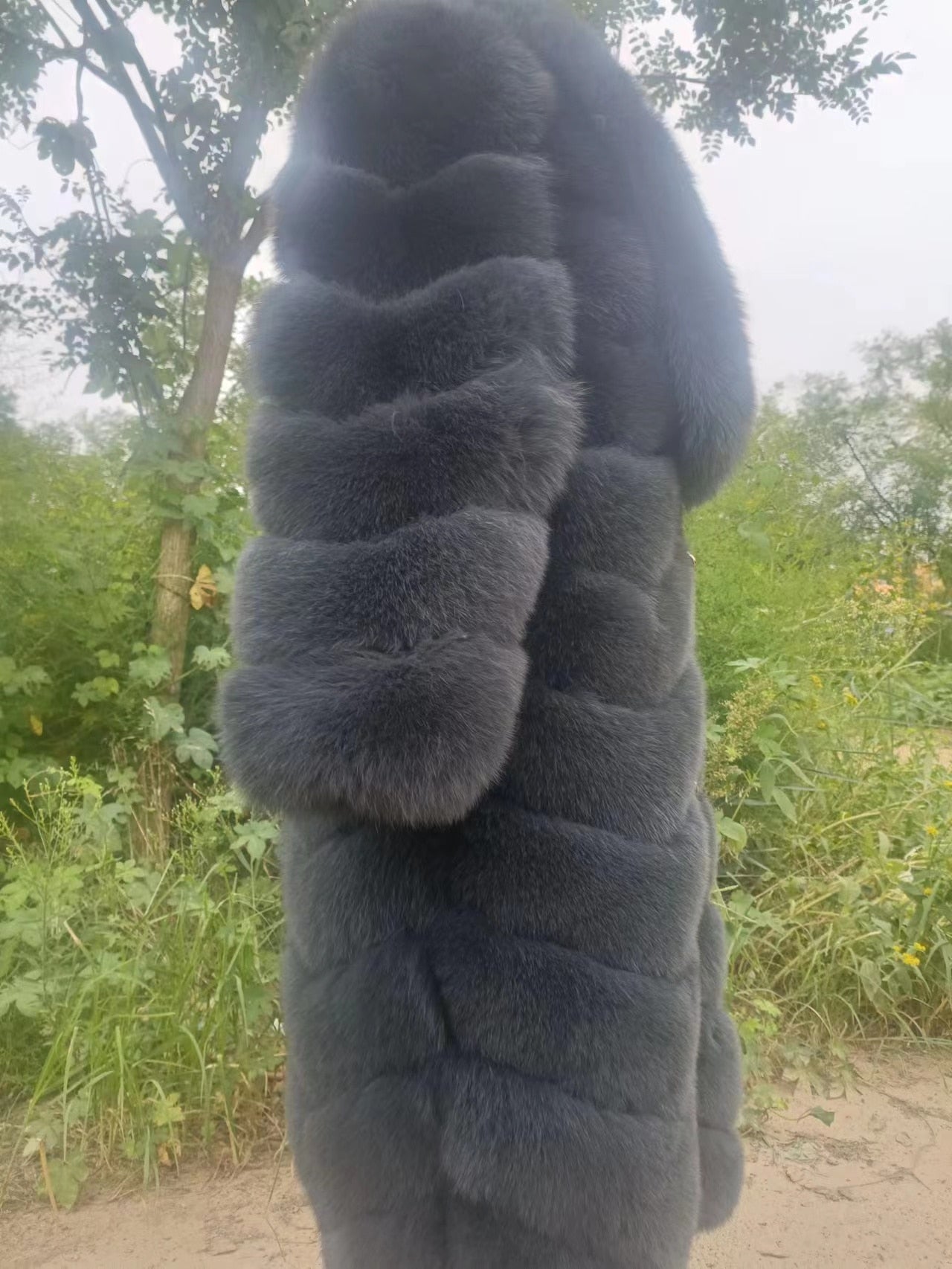 Striped Pattern Real Fox Fur Long Coats