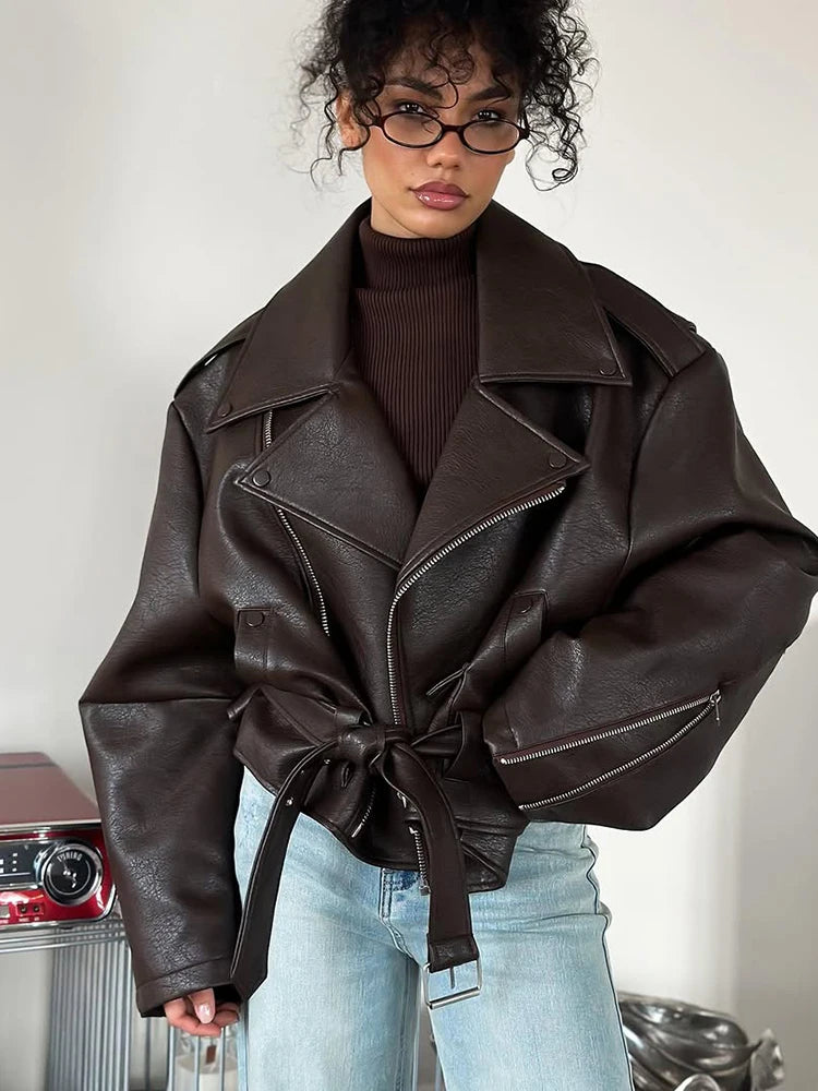 Women Chic Brown Leather Jacket With Belt Chic Full Sleeve Laple Zipper Short Coats 2025 Autumn New Ladies Street Biker Jackets