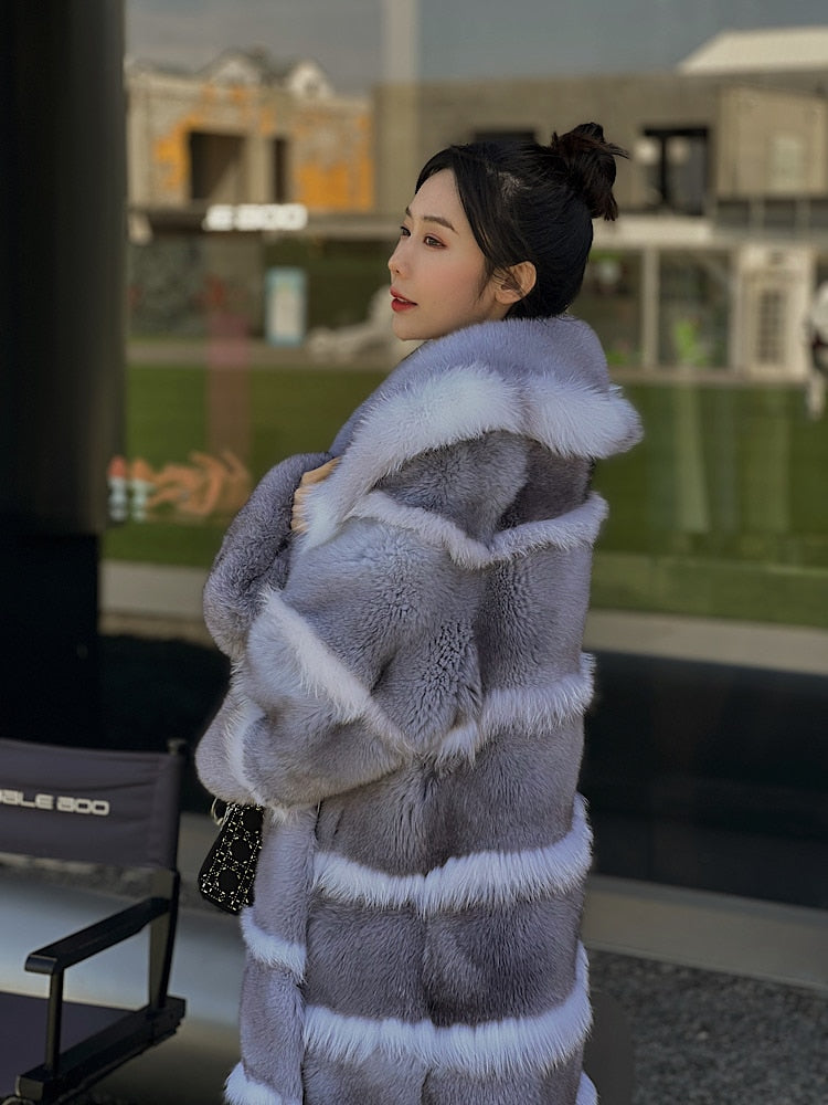 Luxury X-Long Fur Coat Detachable Big Fur Collar