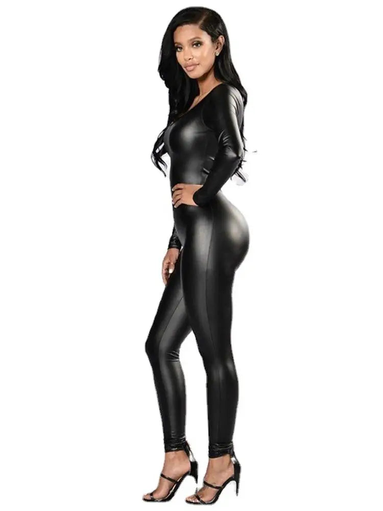 PU Leather Elastic Long Sleeve Jumpsuit