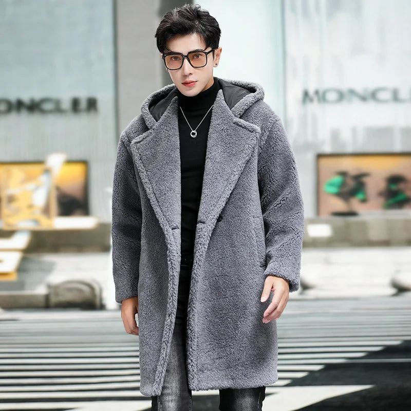 Cashmere Shearling Fur Hooded Long Wool Coat