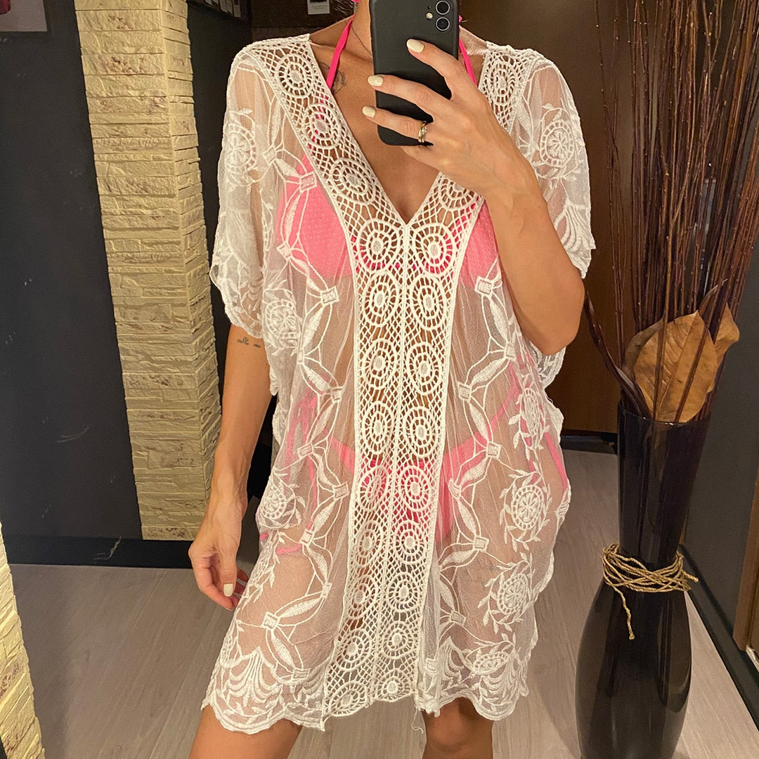 See Through Short Sleeve Tunic Beach Cover Up