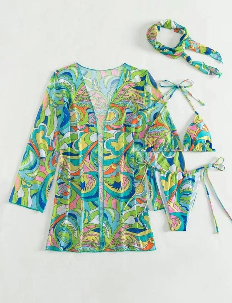 Print Bikini Set, Cover Up & Hairband