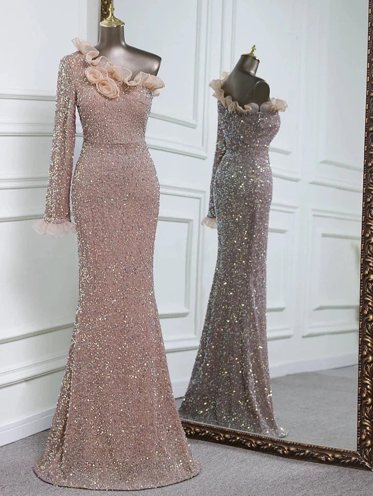 Sequins One Sleeve Lace Floor-Length Dresses