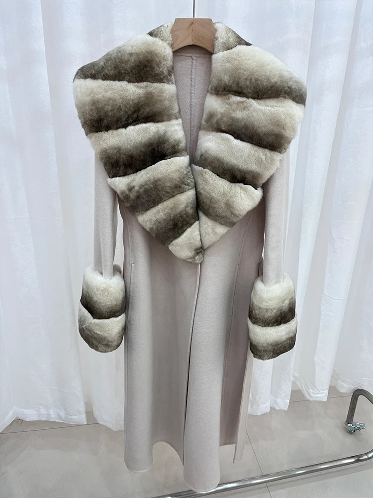 Long Cashmere Wool Coats Real Fur Collar & Cuffs