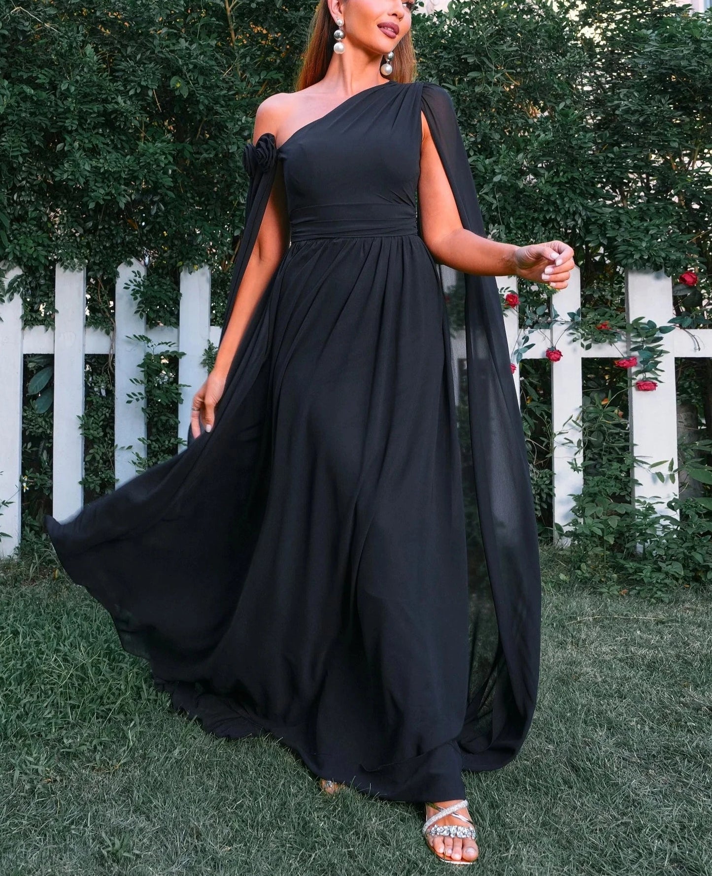 Black One Shoulder Drape Sleeves Dress