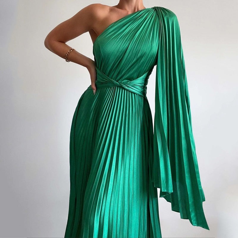 Satin Pleated Drape Sleeve Floor-Length Dresses