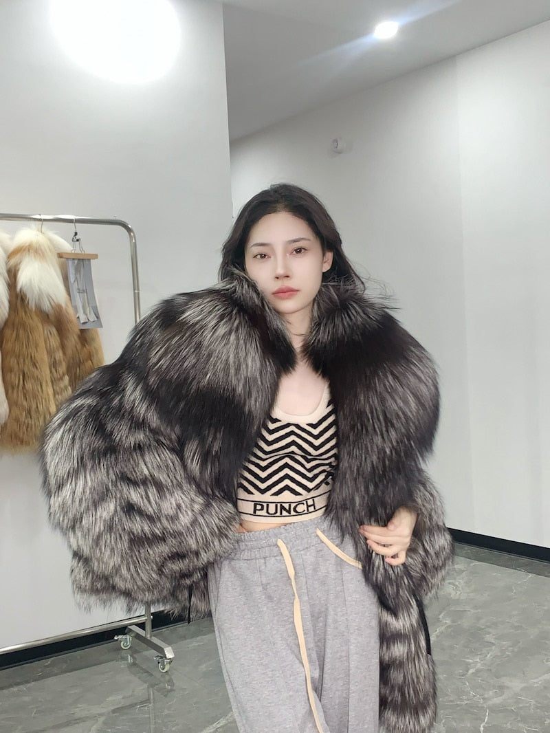 Dark Silver Big Collar Real Fur Coat