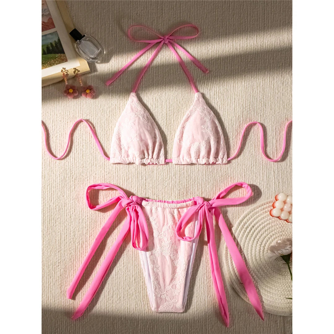 Pink Halter High Cut Bikini Set