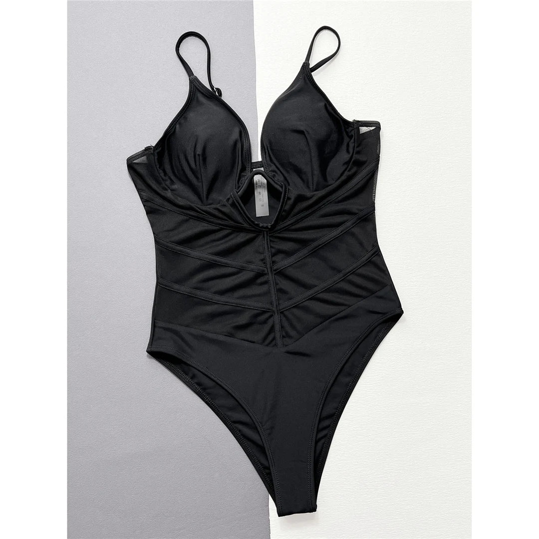 Deep V Mesh  Underwired V-bar One Piece