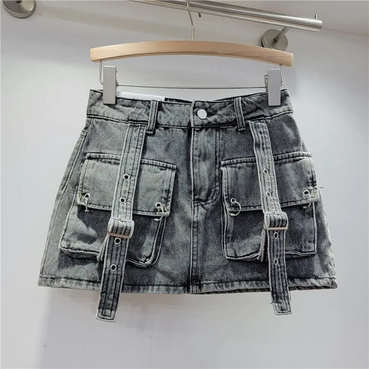 Denim Bandage Cargo Miniskirt Shorts