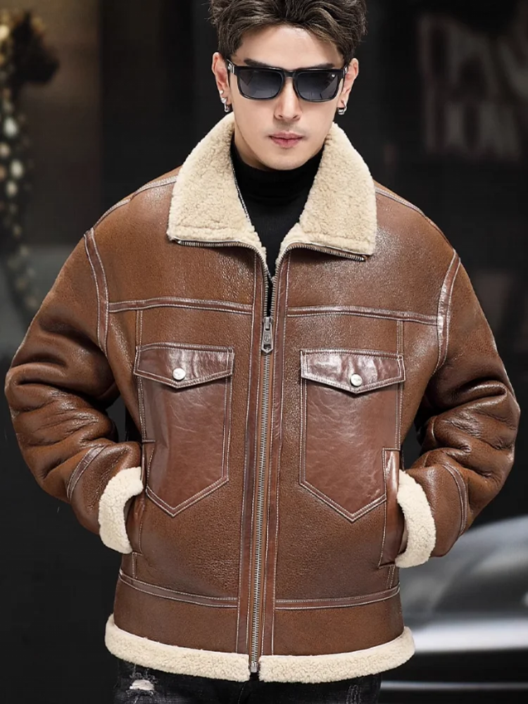 Luxury Genuine Leather Jacket Real Fur Shearling Liner