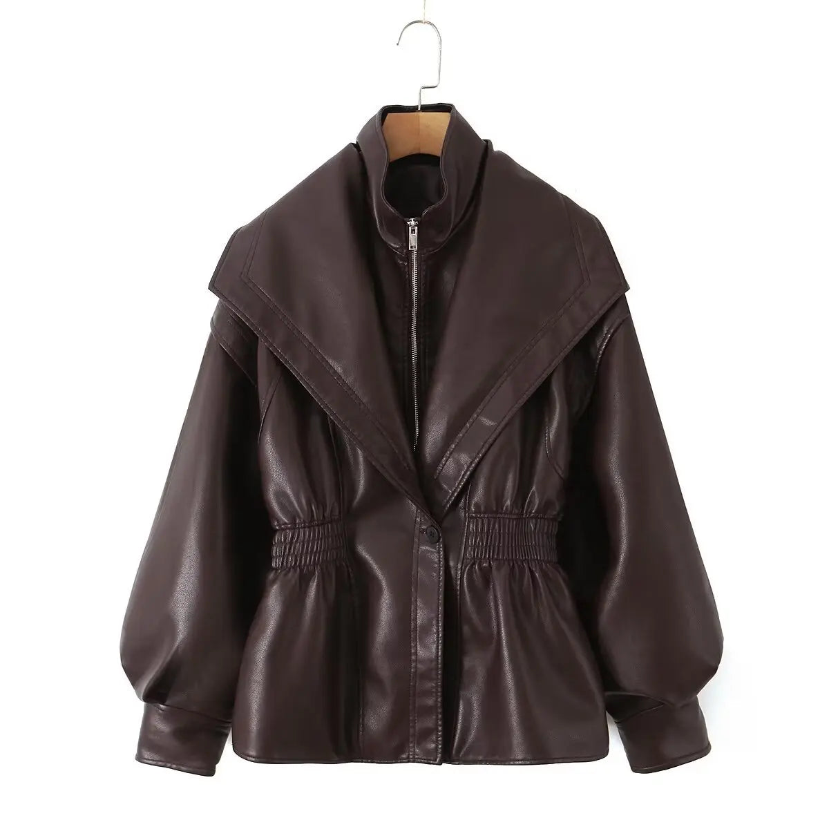Outdoors Lapel Zipper Brwon Leather Jacket Women Casual 2025 Elastic Waist Cinching Pu Coat Lady New Autumn Highstreet Outwear