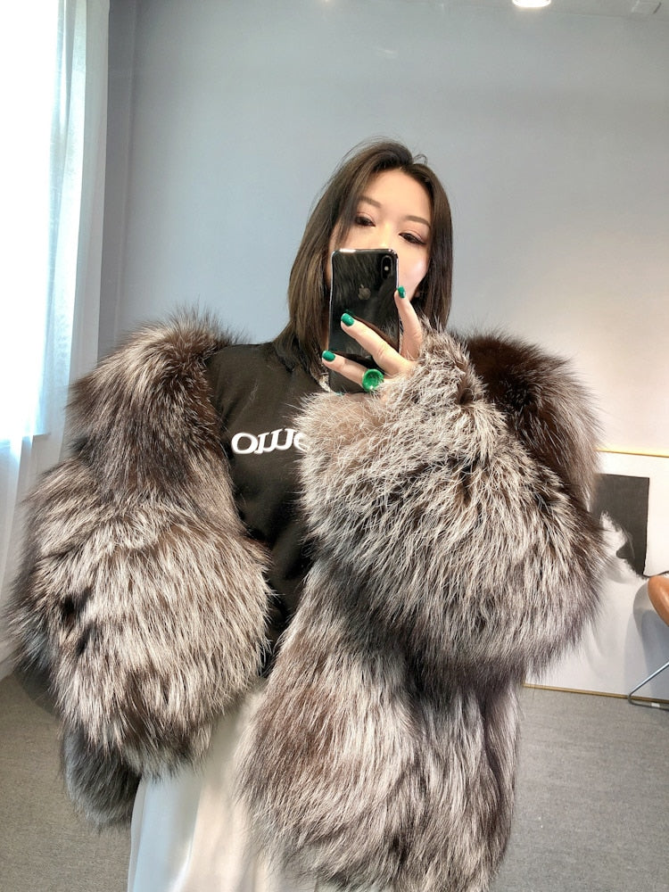 Luxury Dark Silver Real Fur Hooded Coat