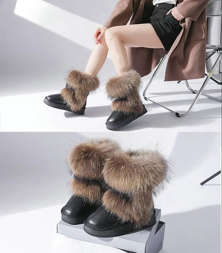 Genuine Leather Waterproof Snow Boots Real Fur