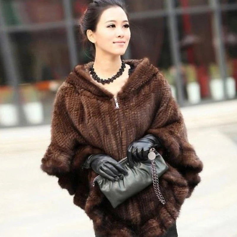 Knitted Real Mink Fur Hooded Ponchos