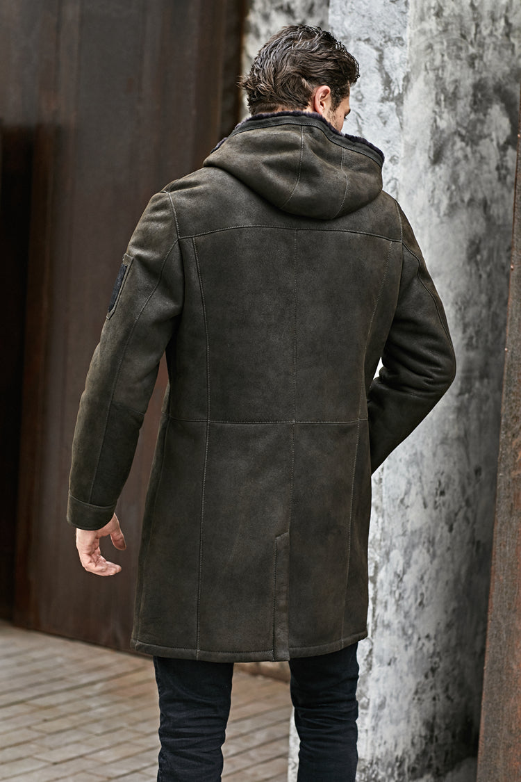 Genuine Leather Hooded Long Coat Real Fur Shearling