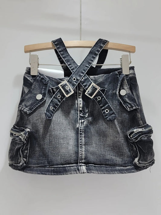Denim Cross Belt Off Cargo Miniskirts