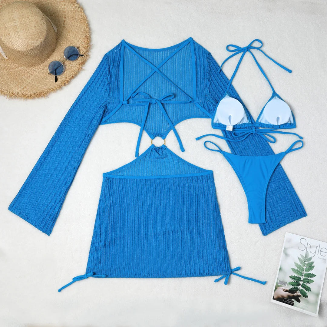 Knitted Sleeved Cover Up & Halter Bikini Sets