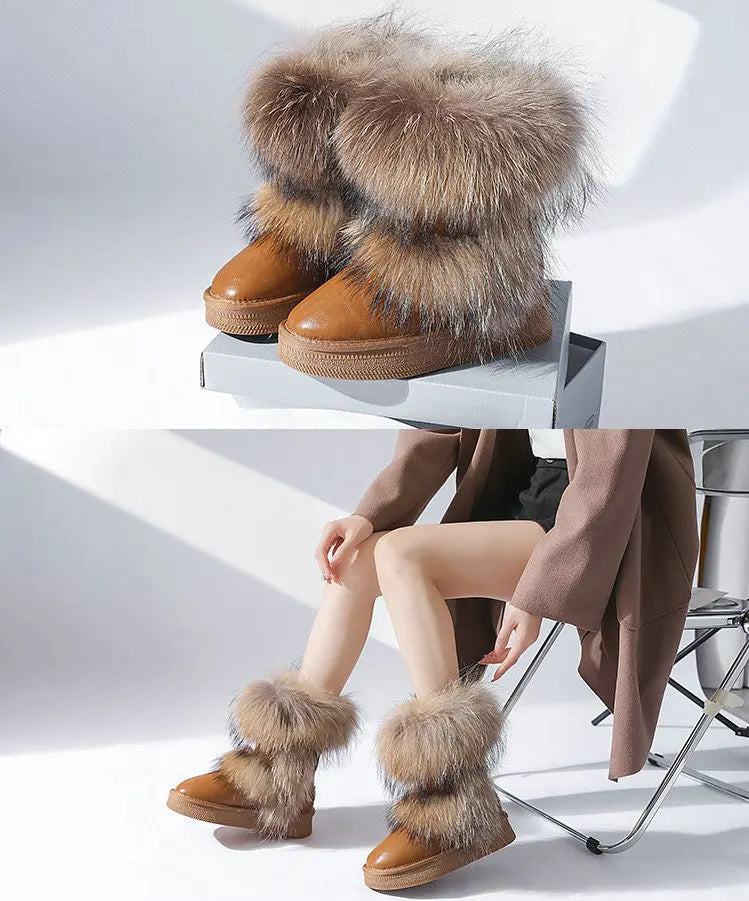 Genuine Leather Waterproof Snow Boots Real Fur