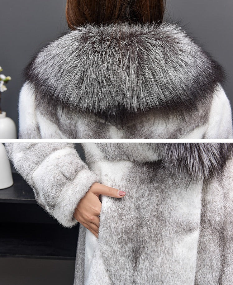 Real Mink Fur Coat Fox Fur Collar Mid-length