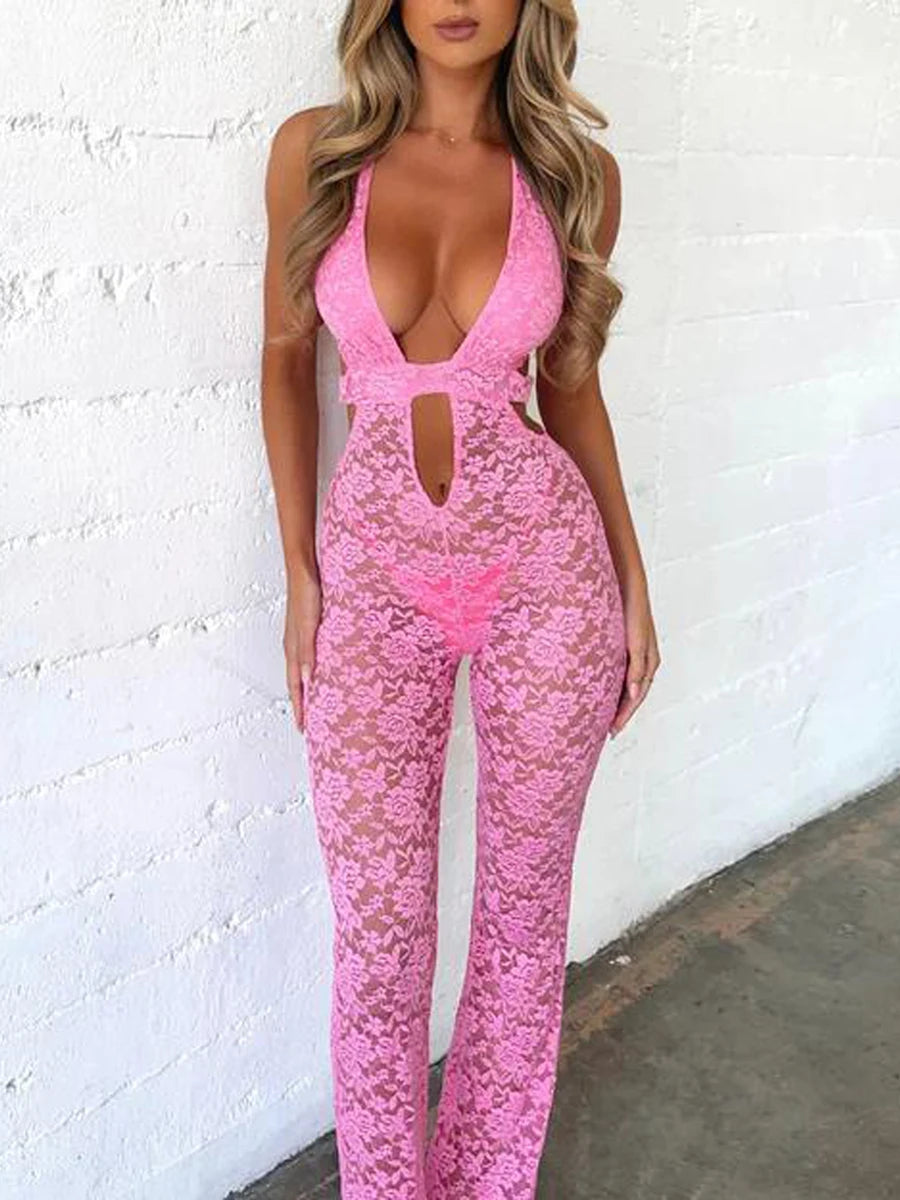 Mesh Sleeveless Open V Floral Lace Jumpsuits