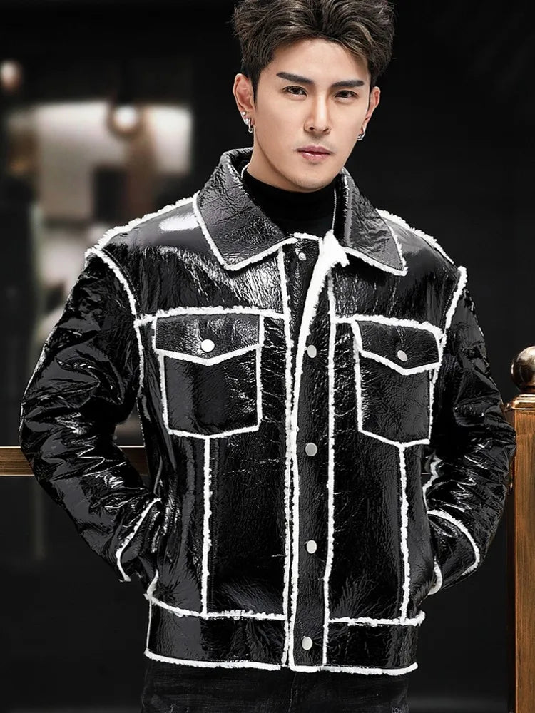 Luxury Shiny Genuine Leather Jacket White Wool Lining