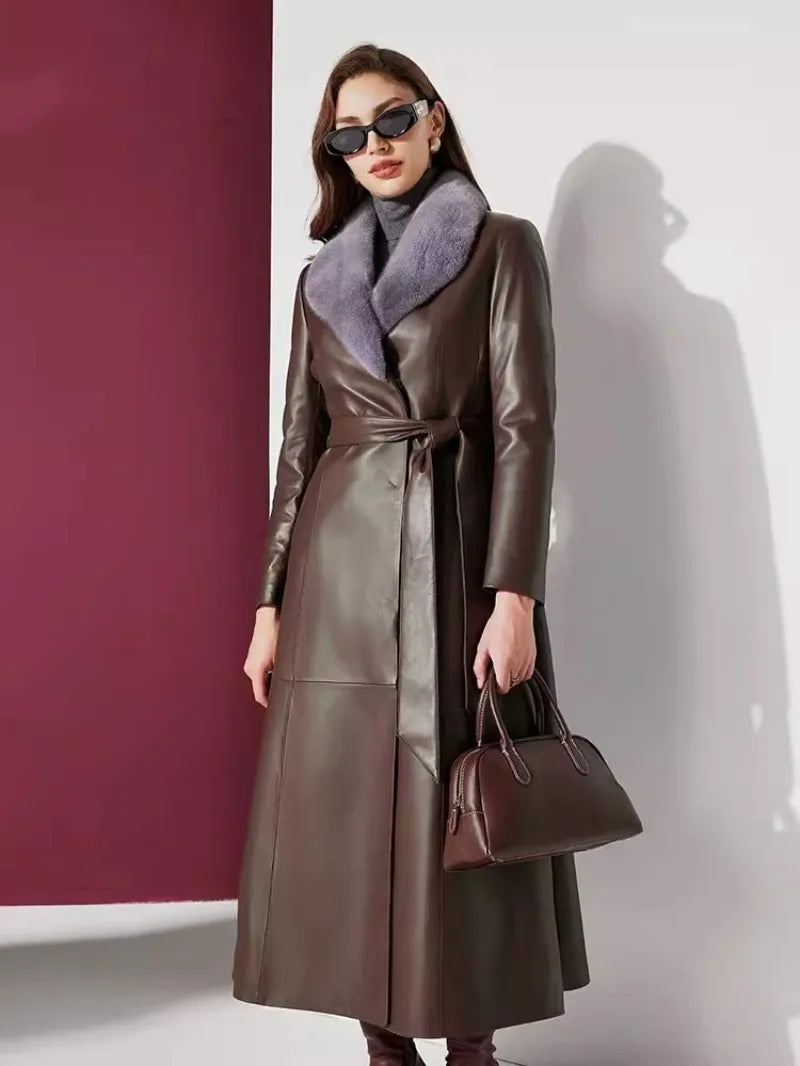 Long Genuine Leather Down Coat Real Fur Collar
