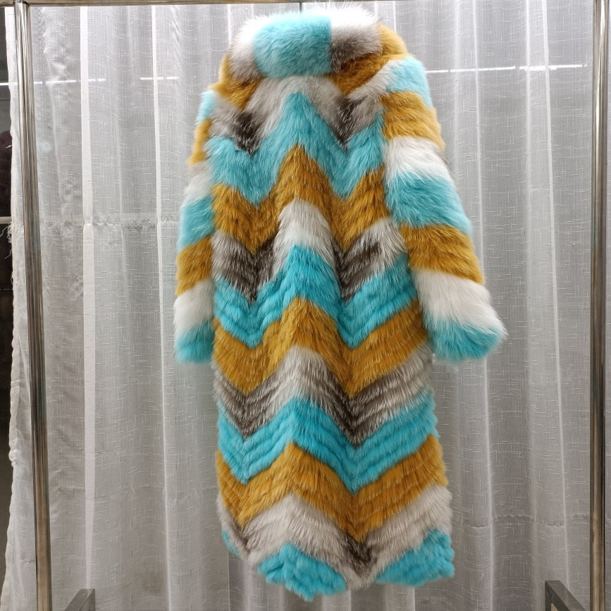 Thin Striped Color Pattern Real Fox Fur Coats  X-Long