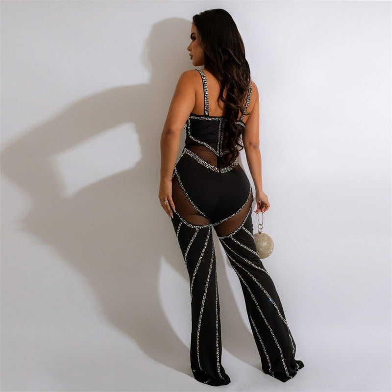 Diamonds Mesh Backless Flare Pants Jumpsuits