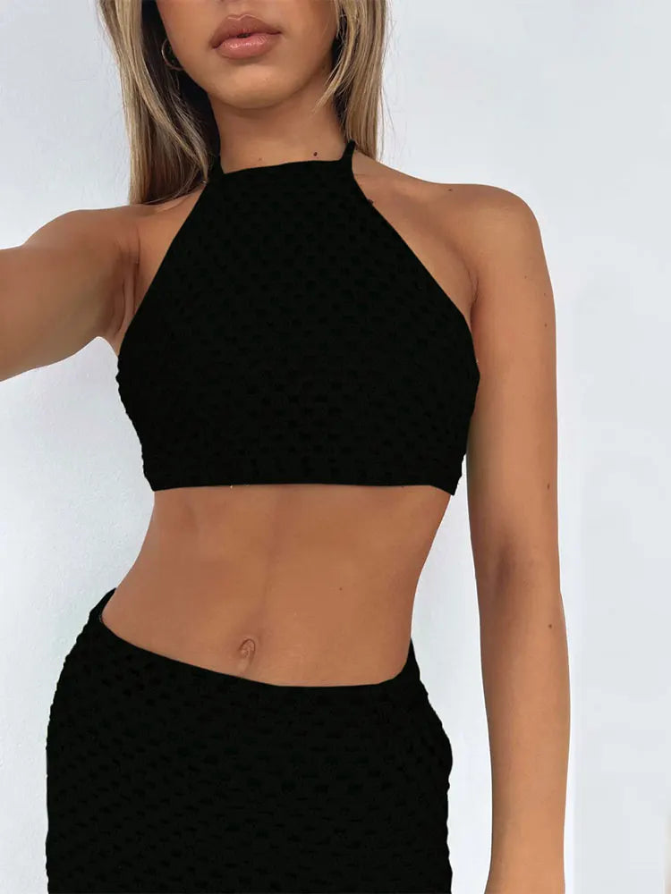 Knitted Halter Backless Crop & Mini Skirt Sets