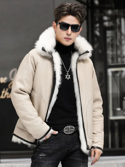 White Genuine Leather Reversible Shearling Fur Coat