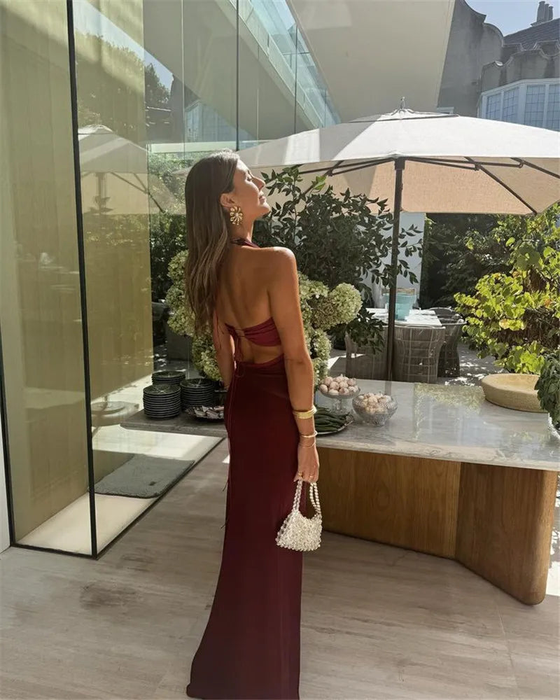 Sleeveless Backless Lace Up Maxi Dresses