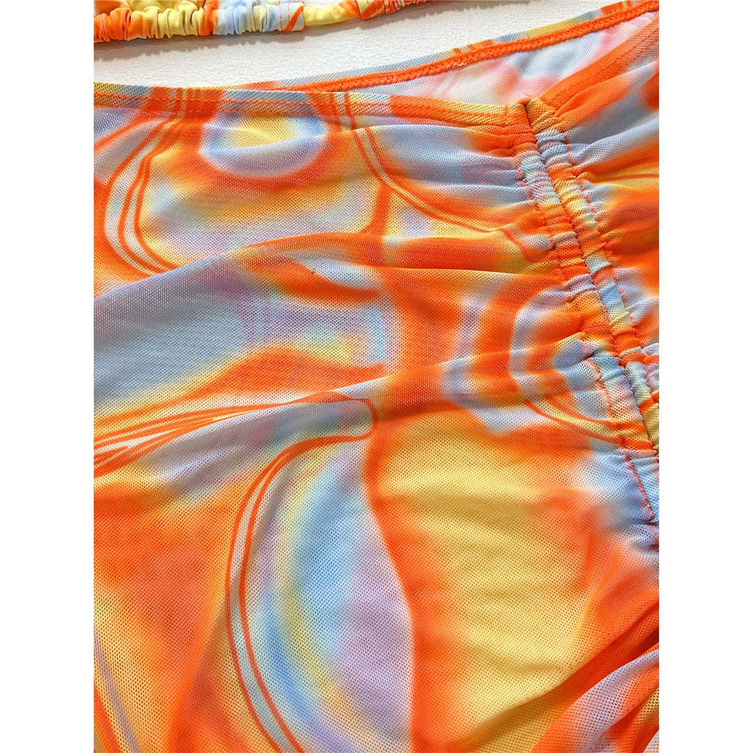 Tie Dye Style High Cut Bikini & Skirt 3pcs