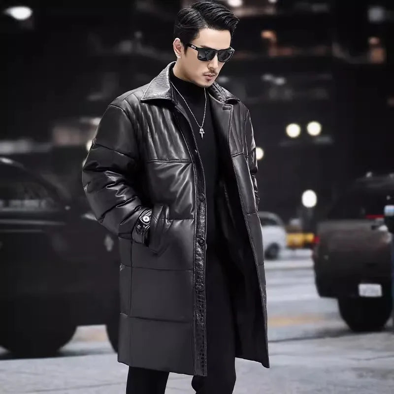 Genuine Leather Down Coat Single Breasted Long