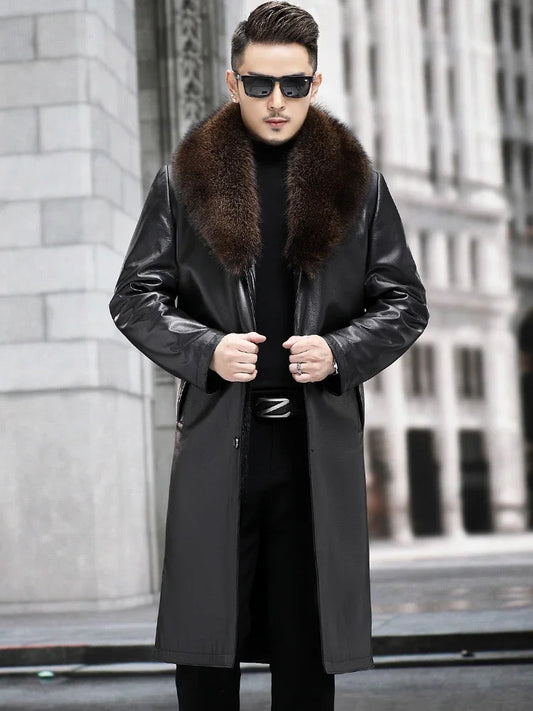 Genuine Leather Trench Coat Real Mink Fur Liner Big Fur Collar