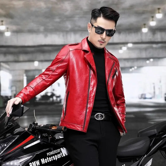 Red Genuine Leather Jacket Slim Fit Moto Biker