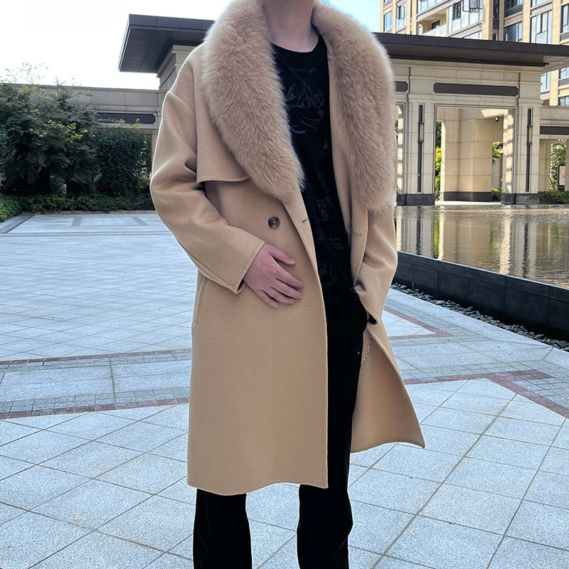 Real Wool Detachable Big Real Fox Fur Collar Long Coats