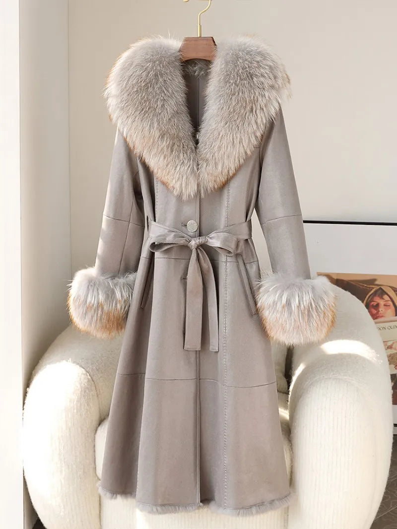 Genuine Leather Long Coats Real Fur Lining Collar& Cuffs