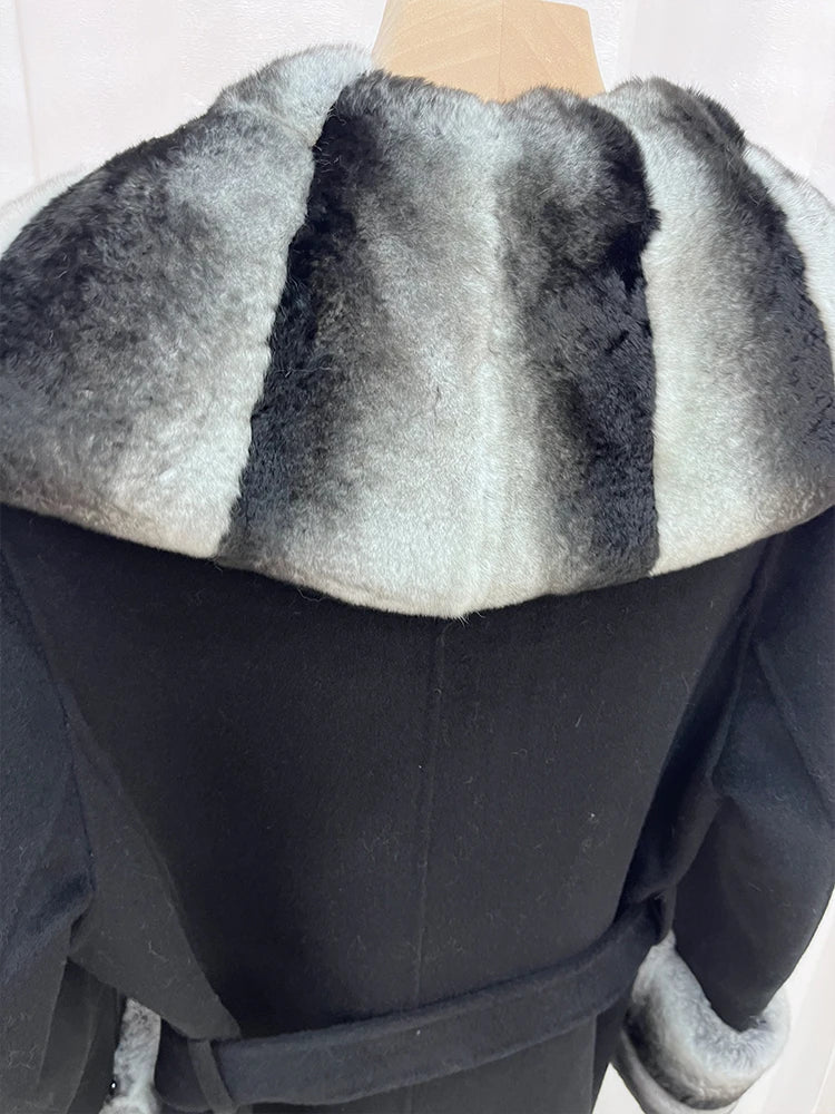 Long Cashmere Wool Coats Real Fur Collar & Cuffs