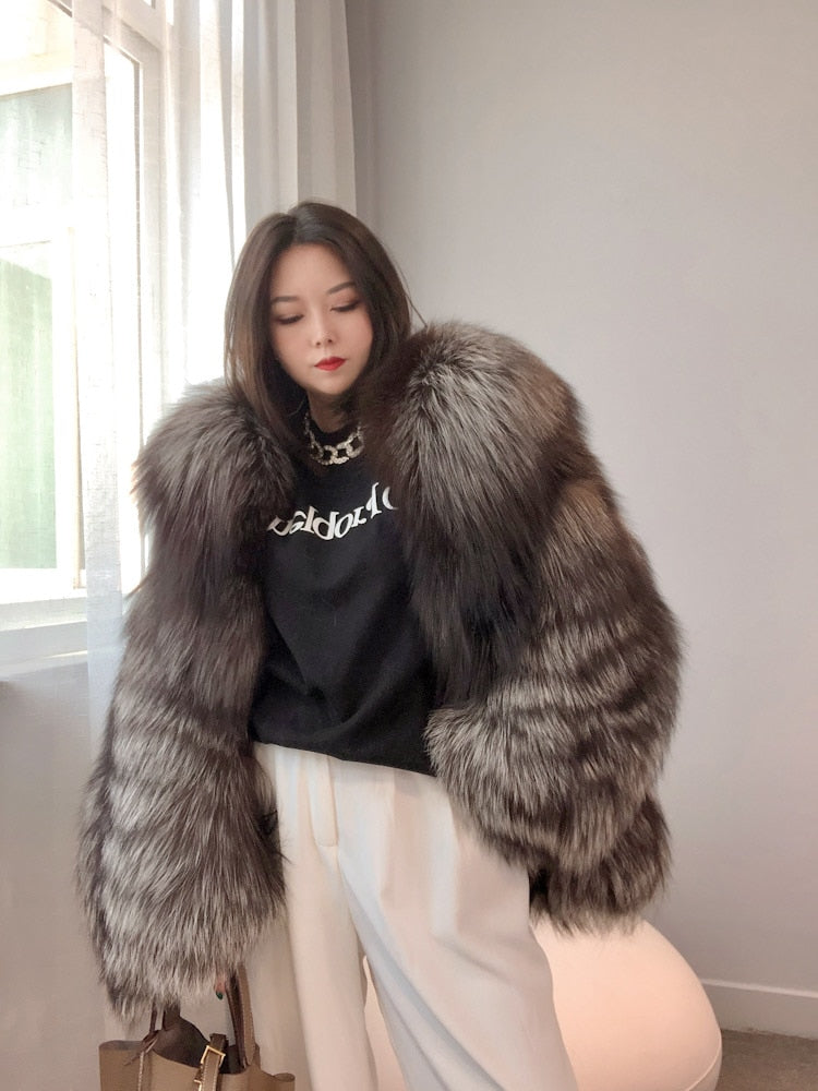 Luxury Dark Silver Real Fur Hooded Coat