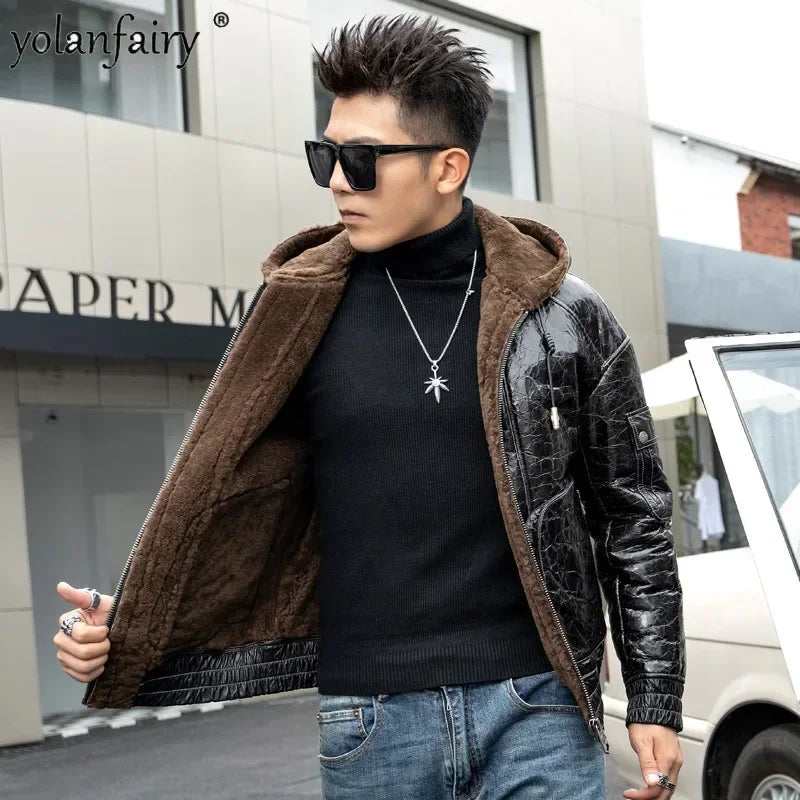 Genuine Leather Hooded Fur Coats