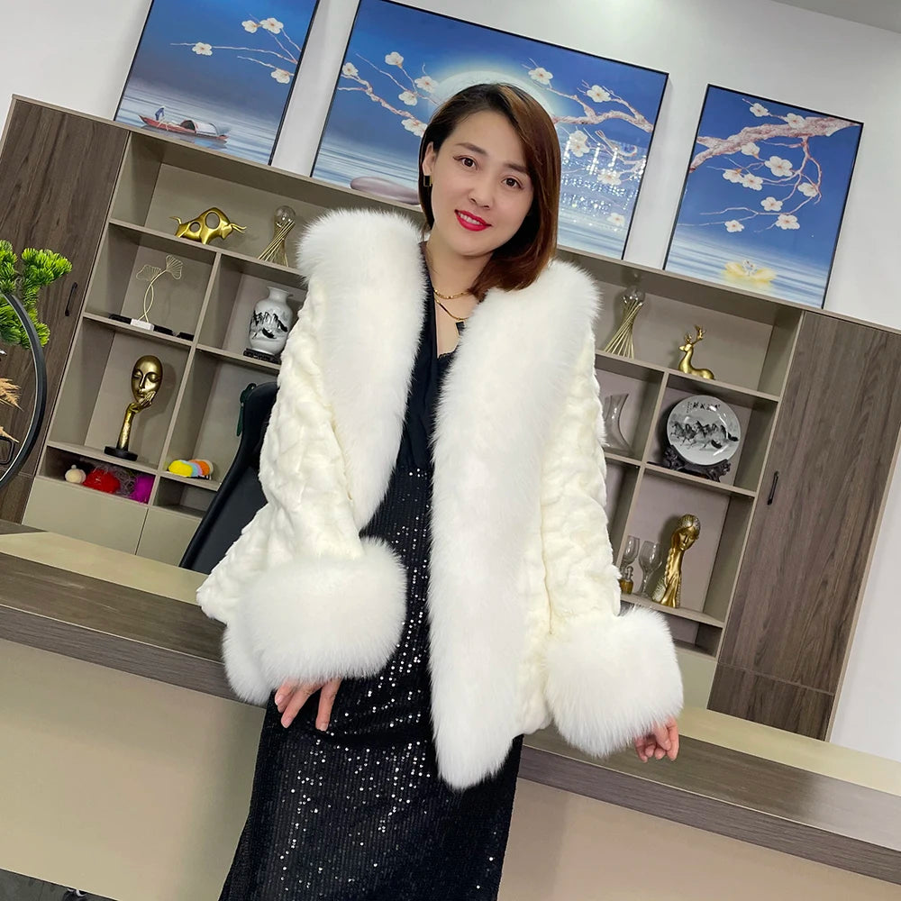 Real Mink Fur Coat Fox Fur Collar and Cuffs