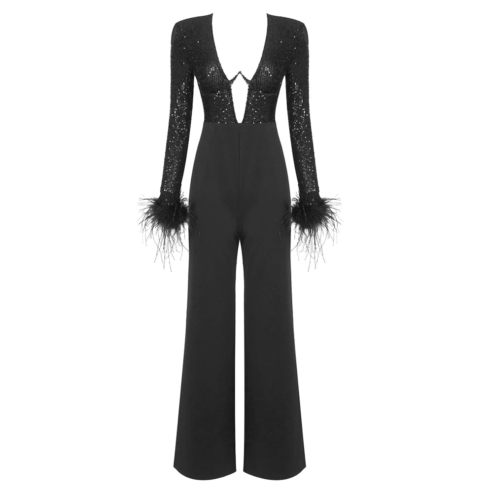 Sleeve Feather Cuff Deep V Sequin Jumpsuit