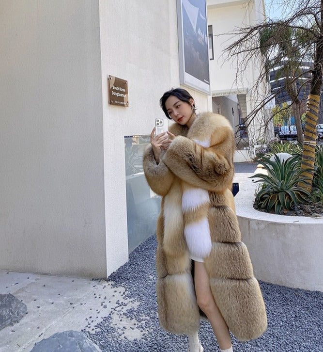 Long Thick Collar Real Fox Fur X-Long Coats